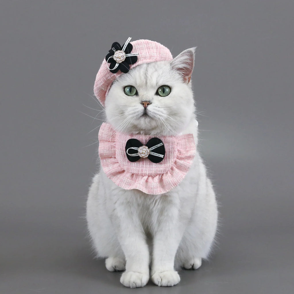 Knitted Woolen Flower Hat & Bow Bib Pet Accessory Set