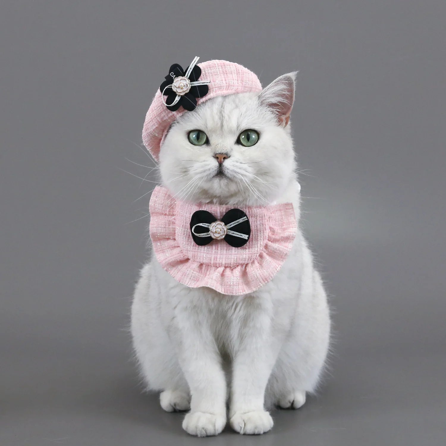 Knitted Woolen Flower Hat & Bow Bib Pet Accessory Set