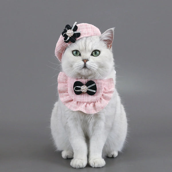 Knitted Woolen Flower Hat & Bow Bib Pet Accessory Set