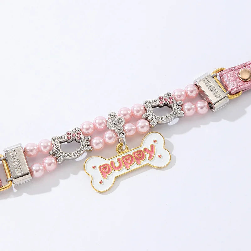 Beaded Pearl & Rhinestone Pet Collar with Bone Charm
