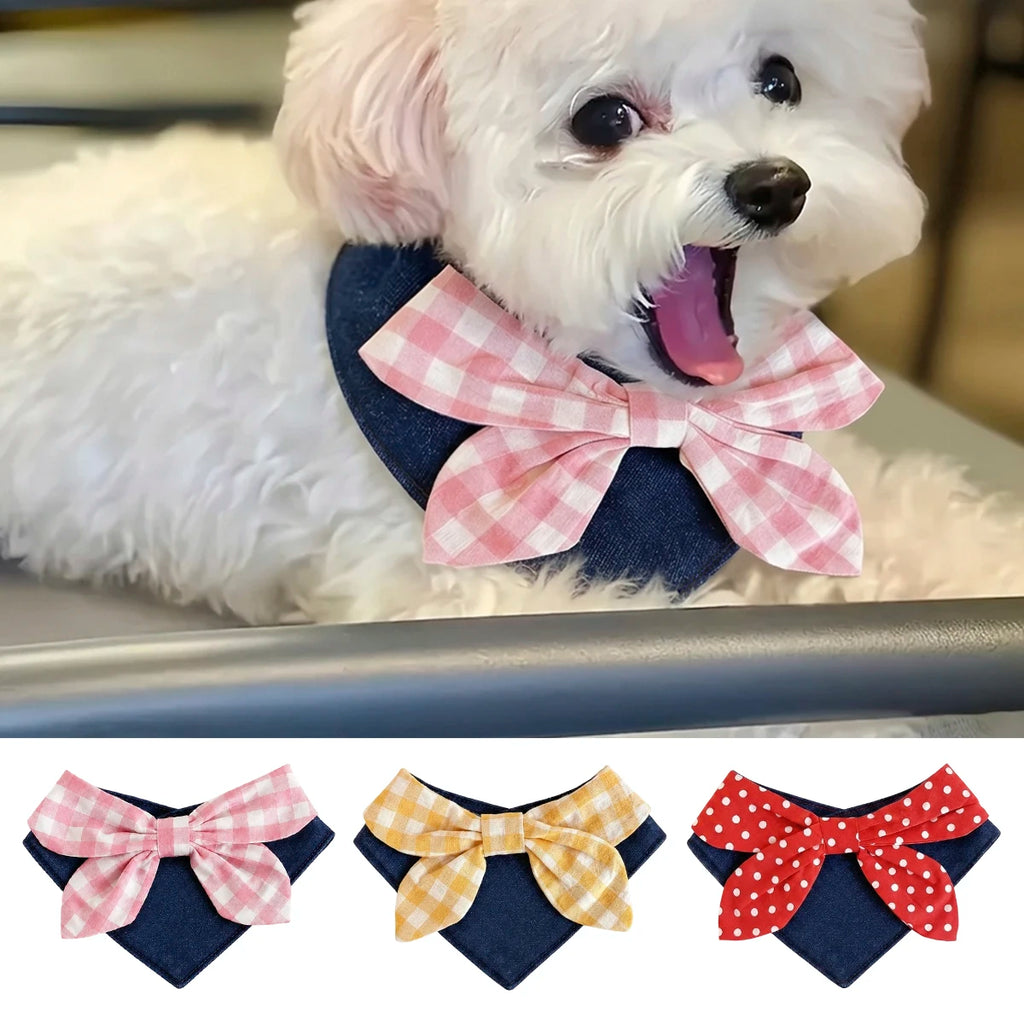 Denim-Look Polka Dot Triangle Bandana Bib for Puppies