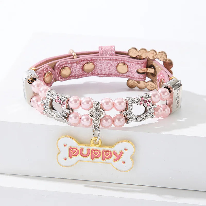 Beaded Pearl & Rhinestone Pet Collar with Bone Charm
