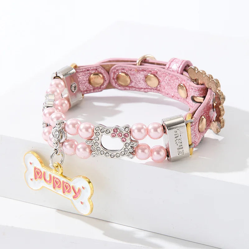 Beaded Pearl & Rhinestone Pet Collar with Bone Charm