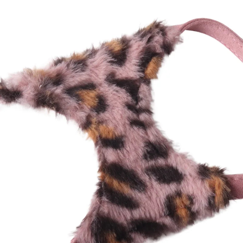 Leopard Print Faux Fur Dog Harness & Leash Set