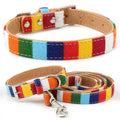 PU Leather Rainbow Collar & Canvas Leash Set