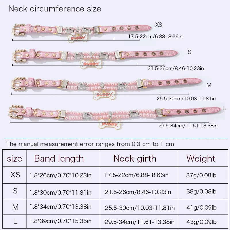 Beaded Pearl & Rhinestone Pet Collar with Bone Charm