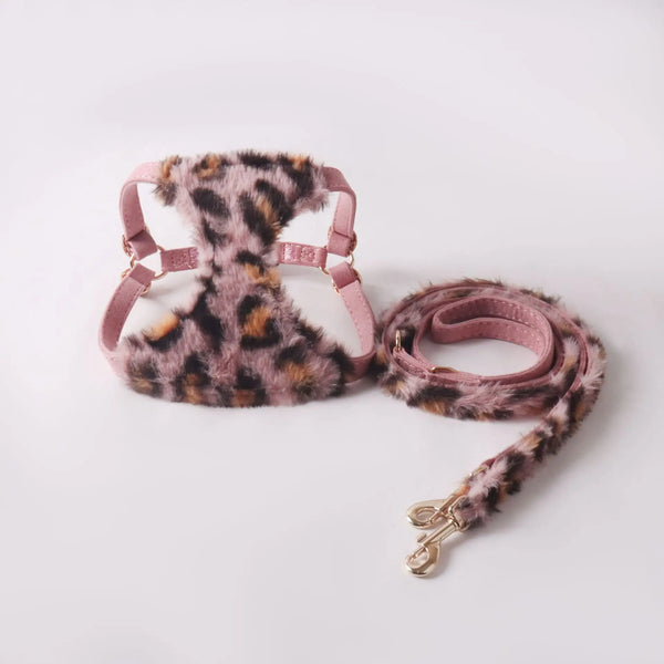 Leopard Print Faux Fur Dog Harness & Leash Set