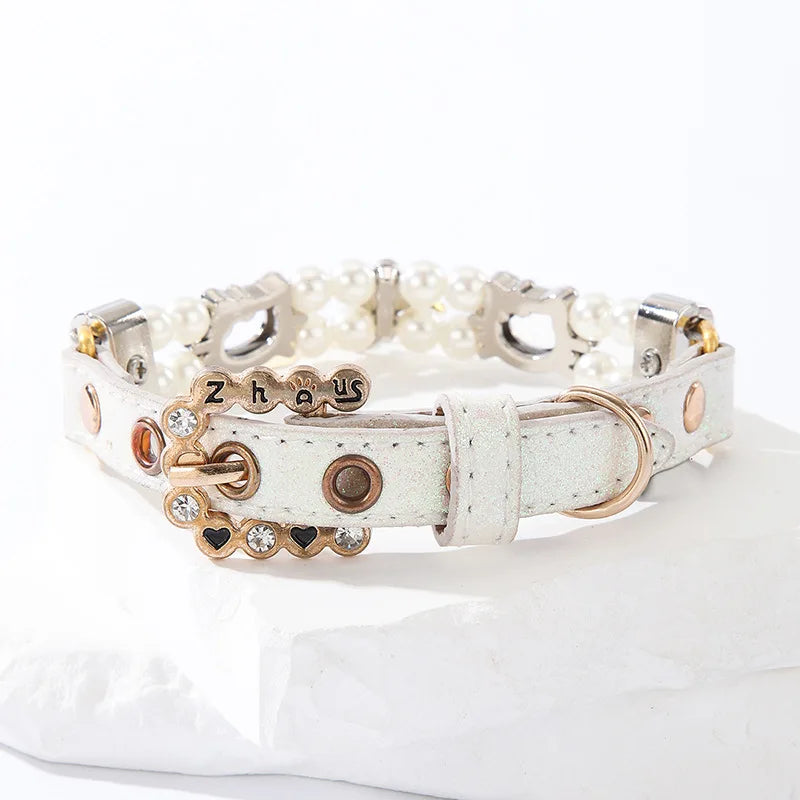 Beaded Pearl & Rhinestone Pet Collar with Bone Charm