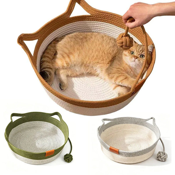 Handwoven Round Wicker Cat Basket Bed