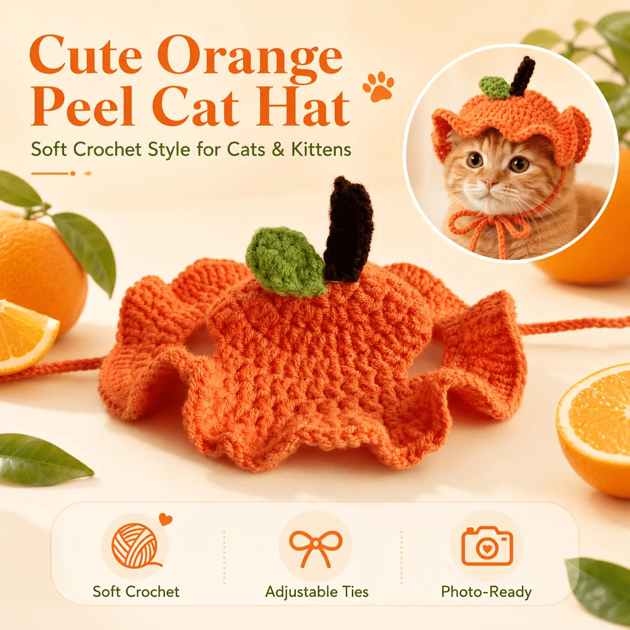Cat wearing orange peel crochet hat