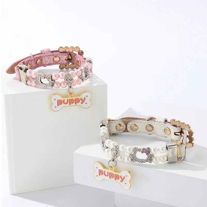 Beaded Pearl & Rhinestone Pet Collar with Bone Charm